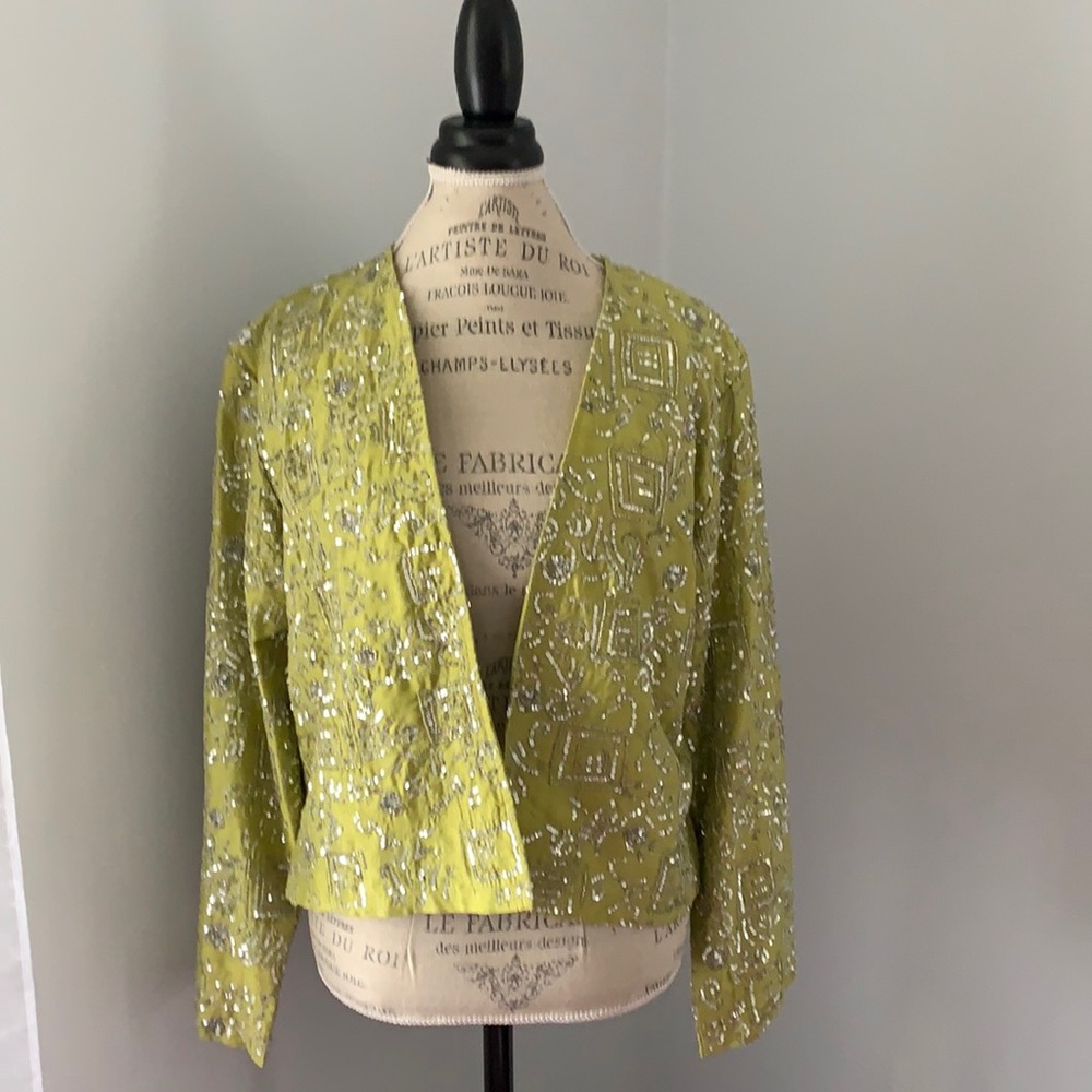 Chico’s Line Green Silk Silver Sequin Jacket